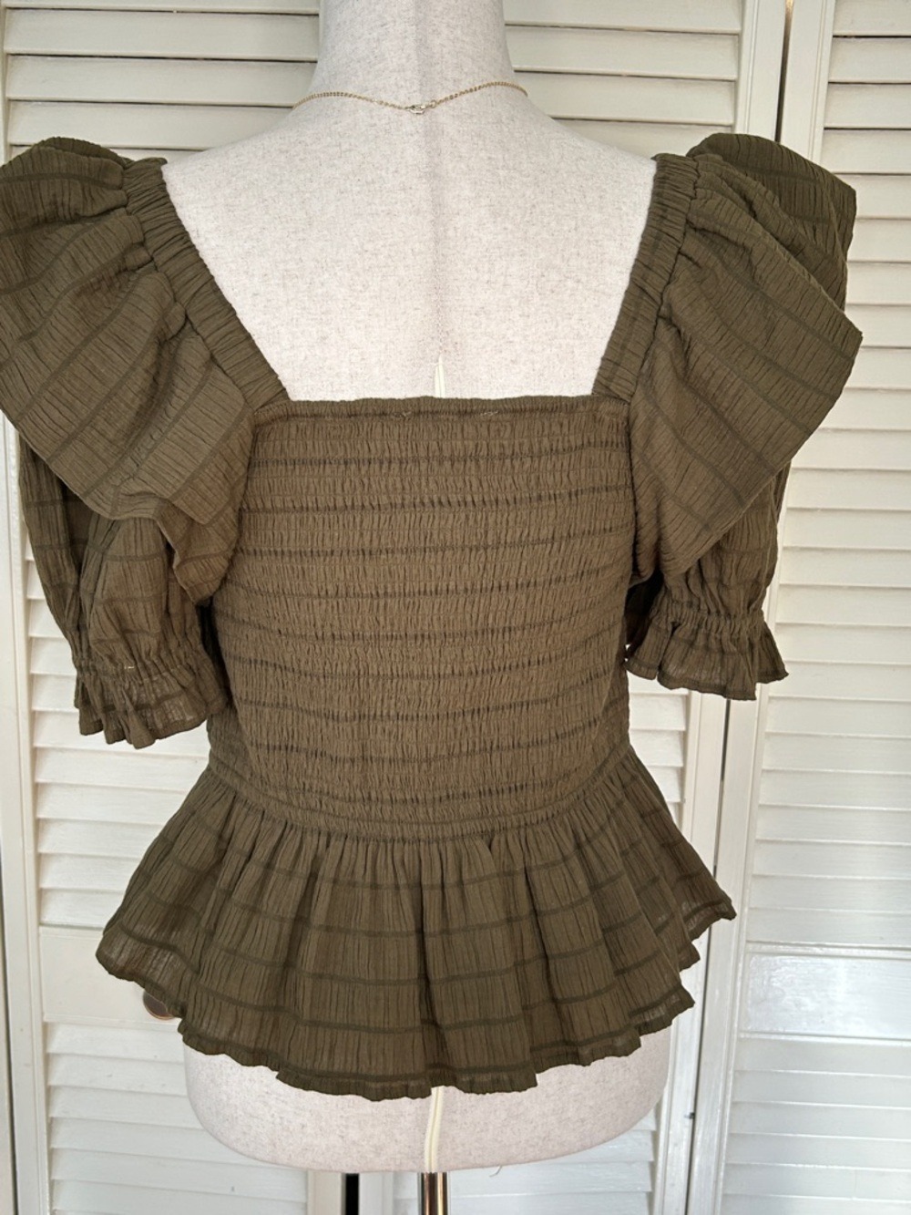 Marie Oliver Olive Ruffled Smocked Peplum Top in Juniper | size small - Picture 9 of 9
